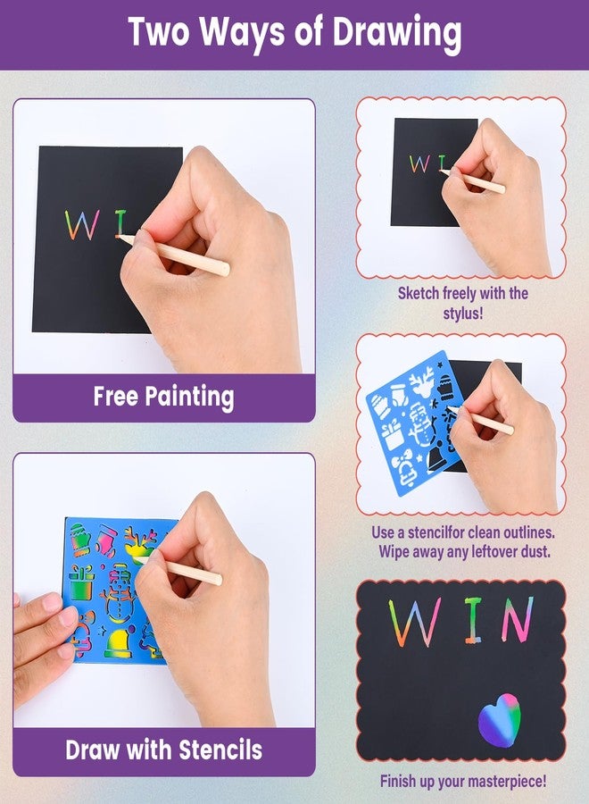 TMTECHJS 200 PCS Rainbow Scratch Paper Scratch Art for Kids Mini Notes with Stencils for Girls Boys Teens Rainbow Notebook Arts and Crafts Students School Birthday Party Travel Favors Supplies - Image 3